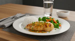 Juicy Honey Garlic Chicken Breast drizzled with glossy sauce, paired with rice and colorful vegetables on a white plate