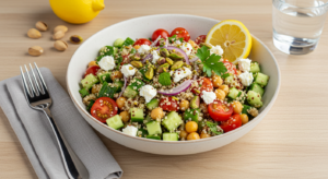 Jennifer Aniston Salad in a white bowl with quinoa, cucumbers, tomatoes, chickpeas, herbs, and feta