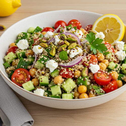 Jennifer Aniston Salad in a white bowl with quinoa, cucumbers, tomatoes, chickpeas, herbs, and feta