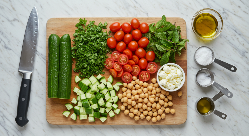Fresh ingredients for the Jennifer Aniston Salad, including diced cucumbers, tomatoes, parsley, mint, chickpeas, and feta, arranged on a cutting board
