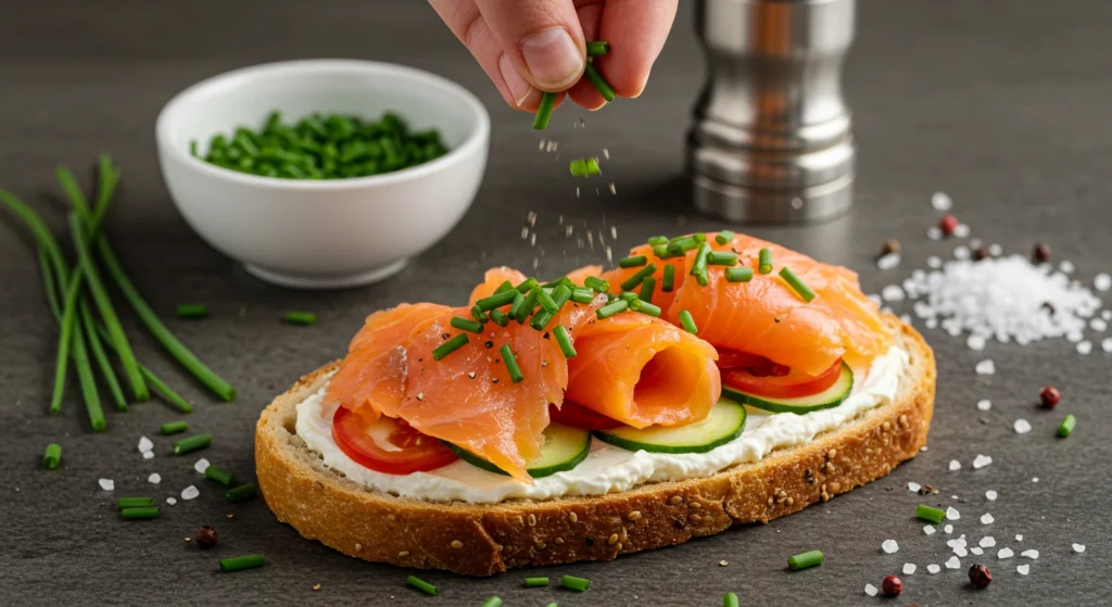Cucumber, red onion, and tomato being added to toast with cream cheese and smoked salmon