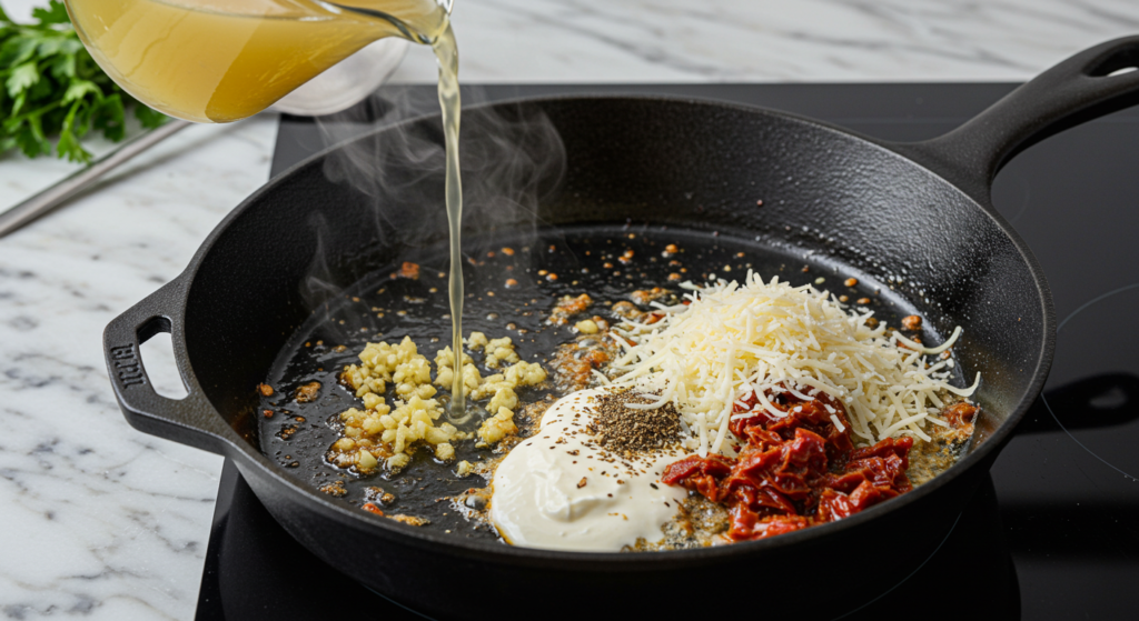 Garlic sautéing in a cast iron skillet with chicken broth being added to deglaze, followed by cream, Parmesan, and sun-dried tomatoes for a rich sauce