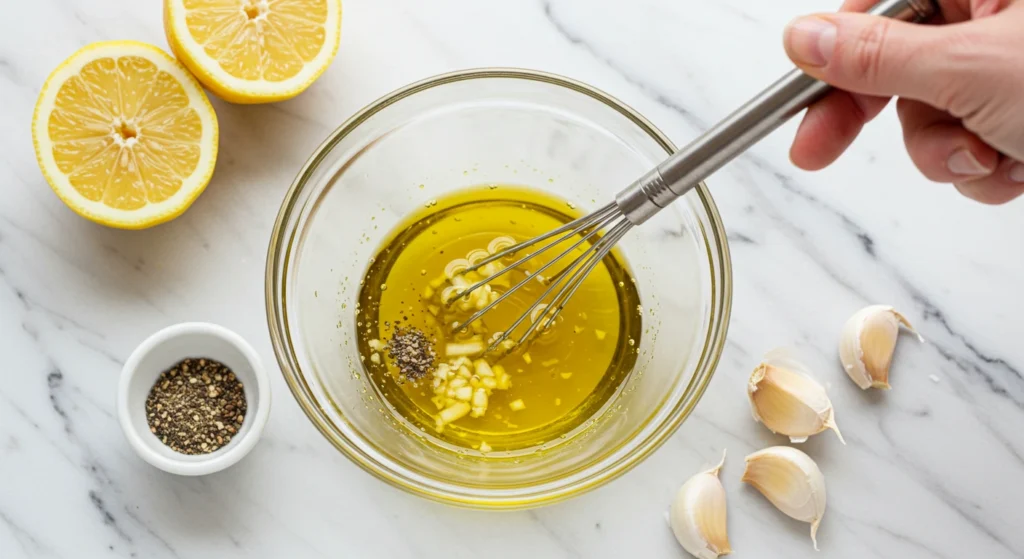 Lemon juice, olive oil, minced garlic, and seasonings being whisked together in a small bowl for the Jennifer Aniston Salad dressing