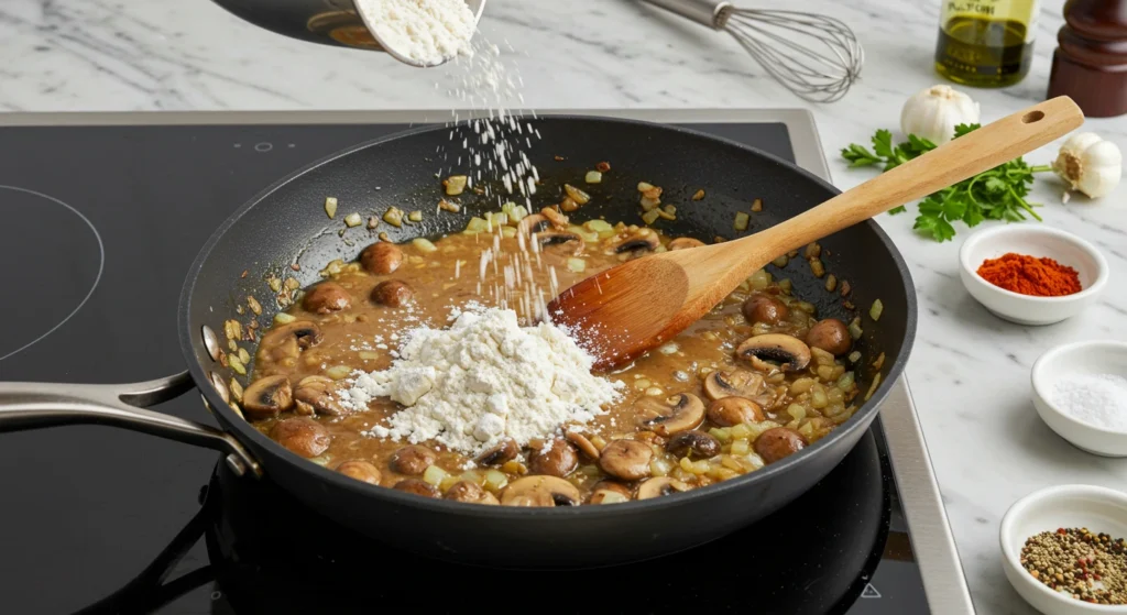 Flour sprinkled over sautéed vegetables in a skillet, with beef broth being whisked in to create a creamy Stroganoff sauce
