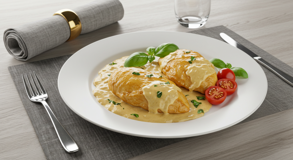 Marry Me Chicken recipe plated with creamy sauce, garnished with fresh basil leaves and cherry tomatoes, on a modern wooden table with elegant dining setup