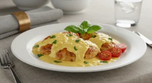 A plate of Marry Me Chicken recipe garnished with fresh basil and cherry tomatoes, drizzled with creamy sauce, set on an elegant dinner table