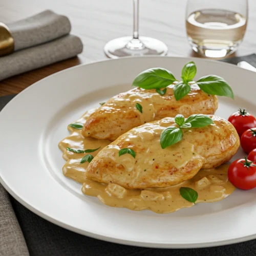 Marry Me Chicken presented with a rich creamy sauce, enhanced by fresh basil leaves and vibrant cherry tomatoes