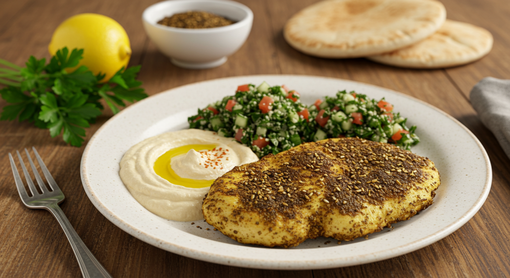 Mediterranean chicken cutlet seasoned with za’atar, served with hummus and tabbouleh