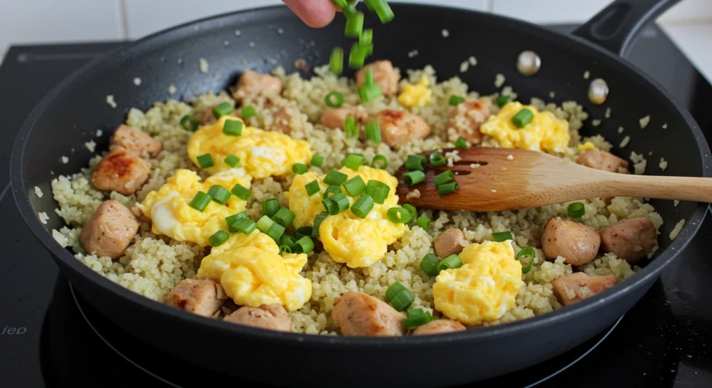 Cauliflower rice, scrambled eggs, and cooked chicken being tossed together in a skillet with coconut aminos and green onions.