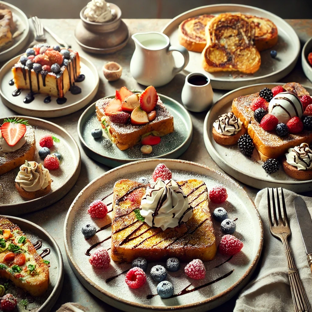 Multiple plates of French toast showcasing different variations, including one topped with fresh berries and powdered sugar, another with whipped cream and chocolate drizzle, a savory version with herbs and cheese, and a stuffed French toast with cream cheese and fruit. The plates are arranged on a table in a cozy breakfast setting with natural lighting highlighting the variety of textures and topping