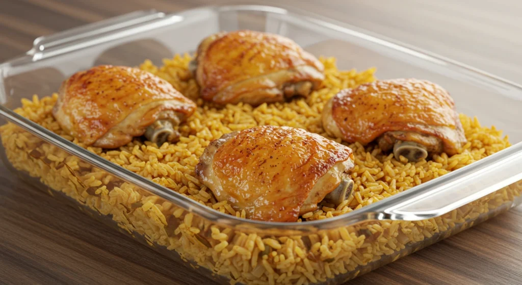 Oven-baked chicken thighs resting on seasoned rice in a glass baking dish, ready to be served