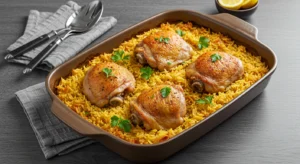 Oven-baked chicken thighs and rice in a glass baking dish, ready to be served
