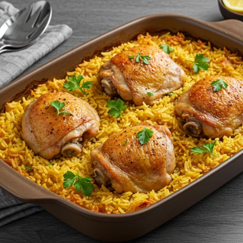 Oven-baked chicken thighs and rice in a glass baking dish, ready to be served