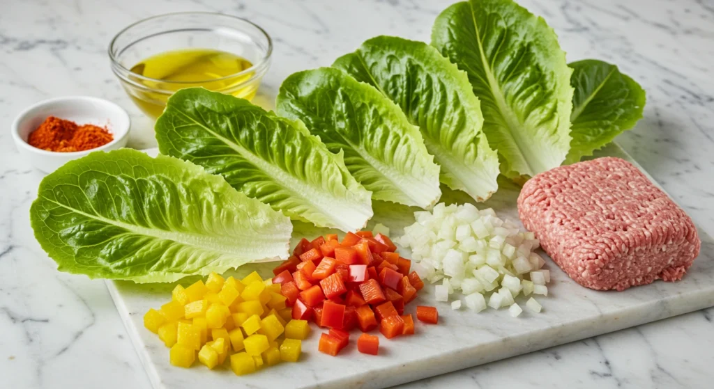 Fresh butter lettuce, diced bell peppers, minced garlic, chopped onion, and ground turkey arranged on a cutting board