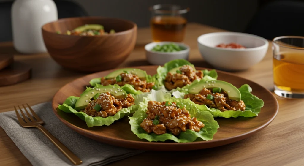 Turkey lettuce wraps filled with seasoned ground turkey, bell peppers, and garnished with sesame seeds and green onions