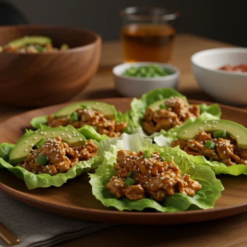 Turkey lettuce wraps filled with seasoned ground turkey, bell peppers, and garnished with sesame seeds and green onions