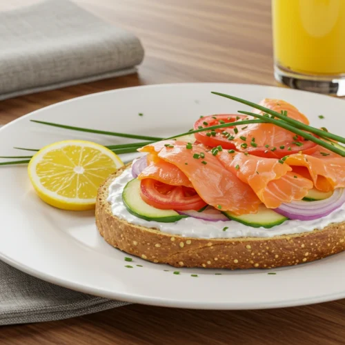 New York Breakfast with toast, cream cheese, smoked salmon, and fresh vegetables garnished with chives.