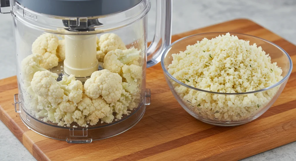 Cauliflower florets being pulsed into rice-sized grains in a food processor, with finished cauliflower rice in a bowl on a wooden cutting board.