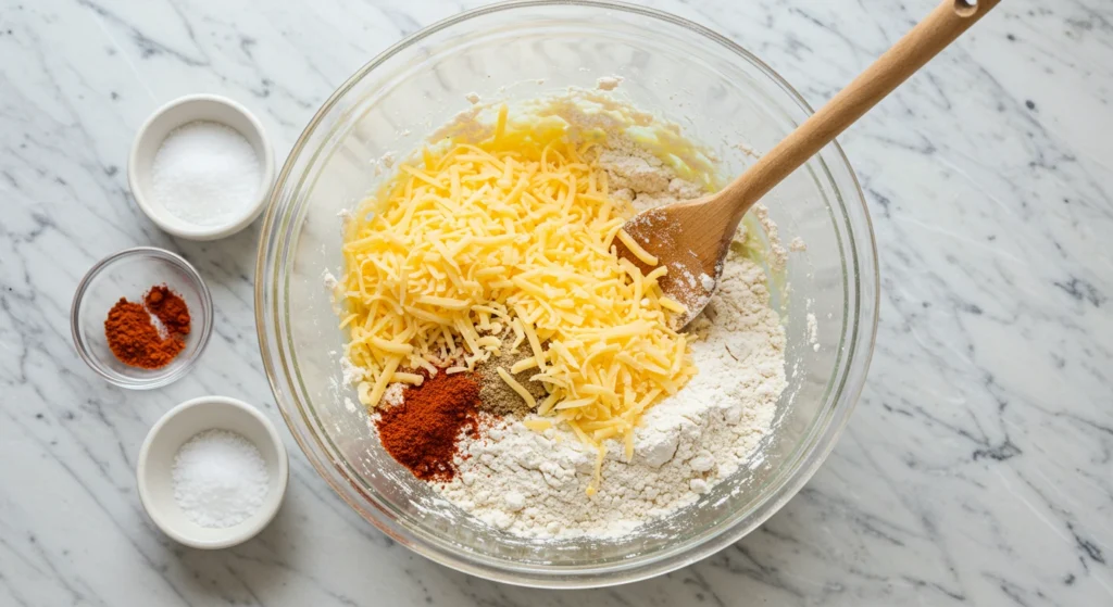 Sourdough discard, cheese, and spices mixed in a bowl with a wooden spoon to form a cracker dough.