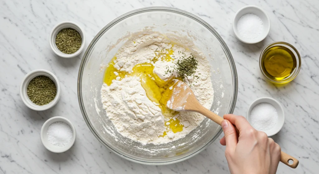 Mixing sourdough discard, flour, olive oil, and herbs in a bowl with a wooden spoon on a marble countertop