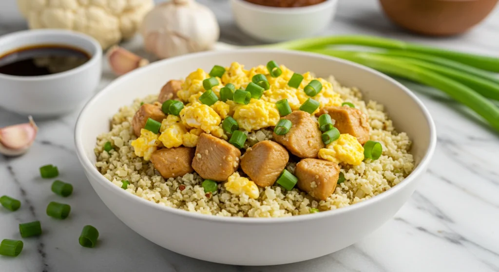Cauliflower Fried Rice with Chicken in a bowl, garnished with green onions and sesame seeds, served with chopsticks and a dish of coconut aminos