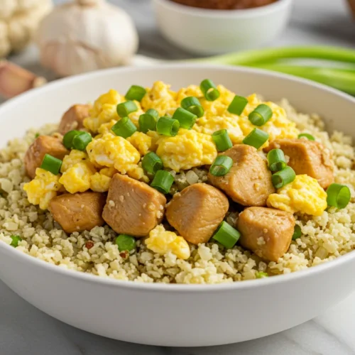 Cauliflower Fried Rice with Chicken in a bowl, garnished with green onions and sesame seeds, served with chopsticks and a dish of coconut aminos