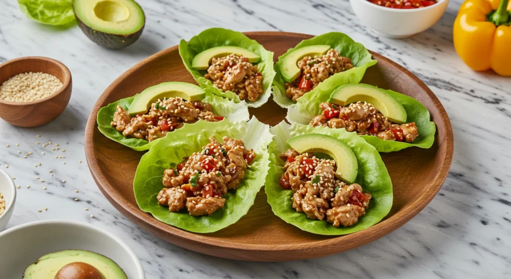 Plated turkey lettuce wraps garnished with sesame seeds and avocado slices on a wooden plate