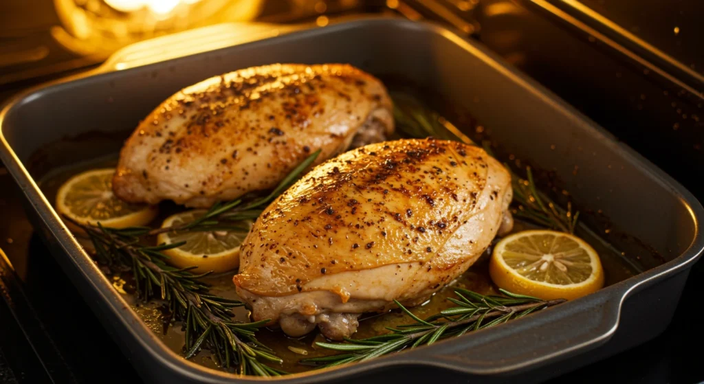 Bone-in chicken breasts roasting in the oven, golden and crispy, placed in a baking dish with herbs and seasonings.
