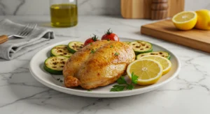 Roasted bone-in chicken breast with golden crispy skin, garnished with parsley and lemon wedges, served with grilled vegetables on a modern marble countertop