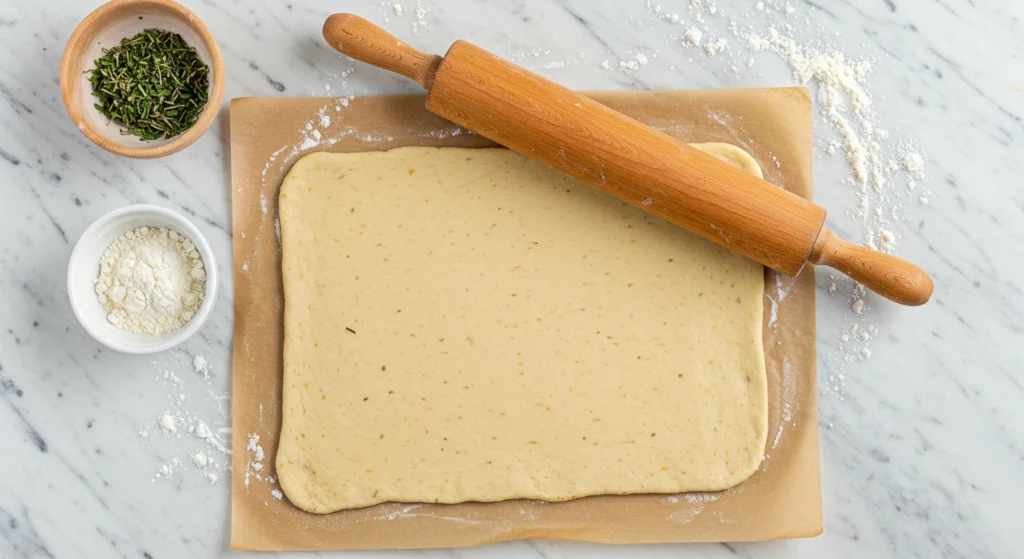 Dough rolled thinly between two sheets of parchment paper with a rolling pin on a marble countertop