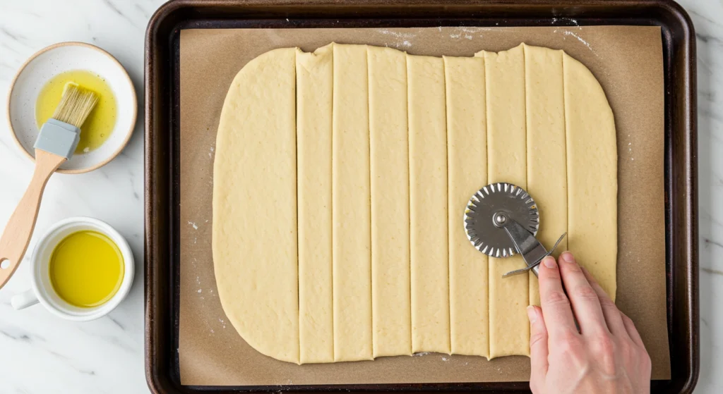 Cracker dough scored into squares with a pizza cutter on parchment paper, placed on a baking sheet.