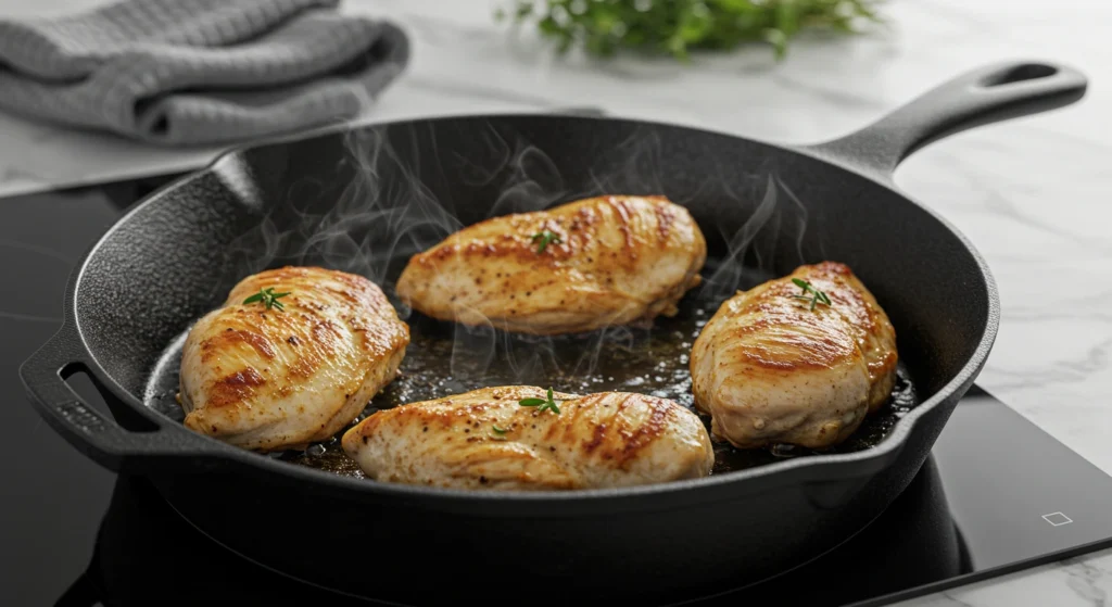 Chicken breasts searing in a cast iron skillet on an oven with a modern marble countertop, showcasing a golden-brown crust and steam rising