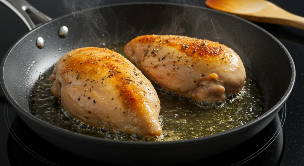 Bone-in chicken breasts sizzling skin-side down in a hot skillet with olive oil, forming a golden crust