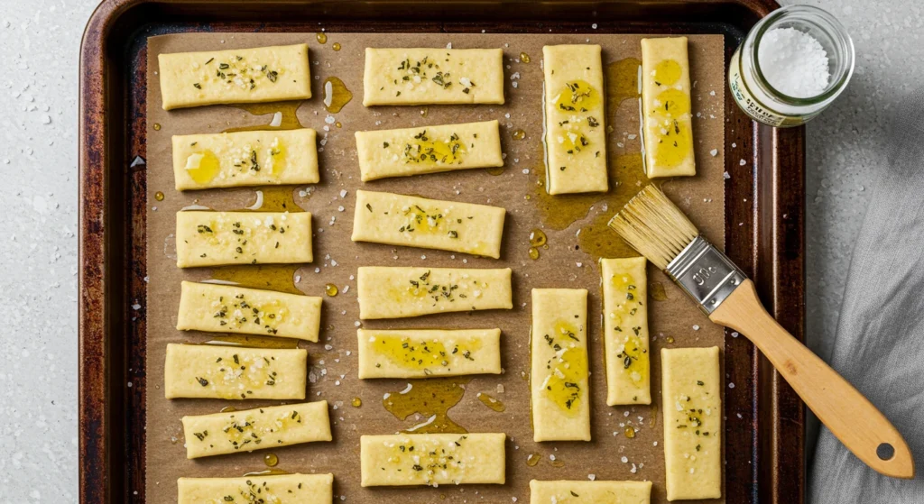 Cracker dough brushed with olive oil and sprinkled with sea salt and herbs, prepared on a baking sheet.