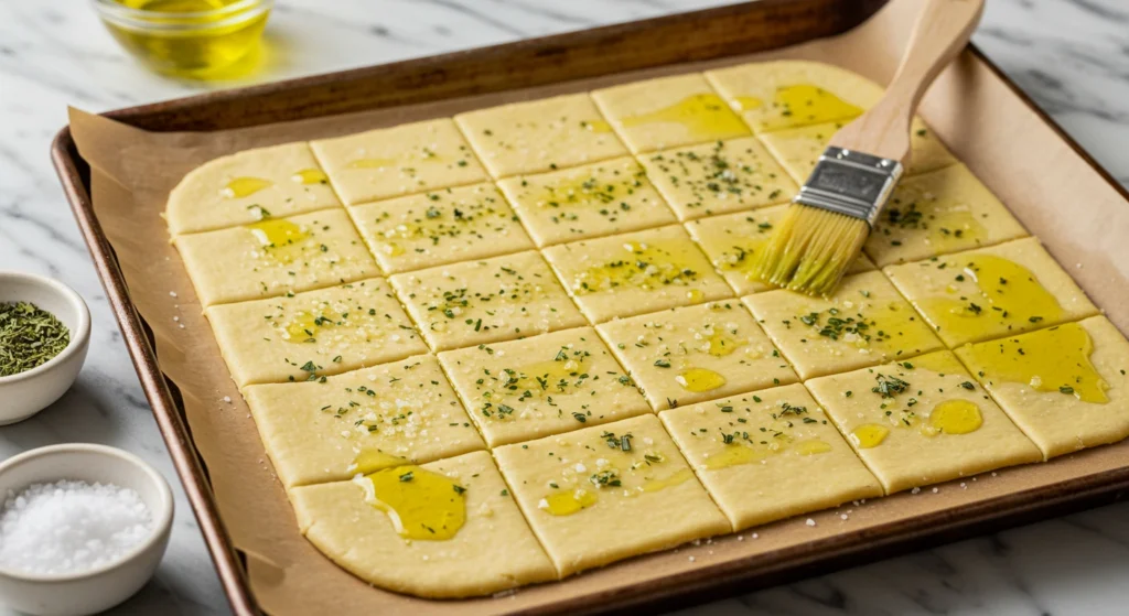 Cracker dough brushed with olive oil and sprinkled with flaky sea salt before baking
