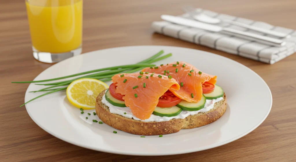 Fully assembled New York Breakfast with smoked salmon, vegetables, and cream cheese on toast, garnished with chives.