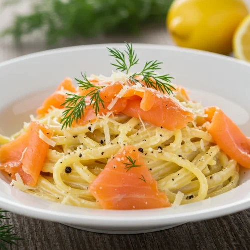 Smoked salmon pasta in a white bowl with creamy lemon sauce, topped with smoked salmon slices, fresh dill, and grated Parmesan on a rustic wooden table