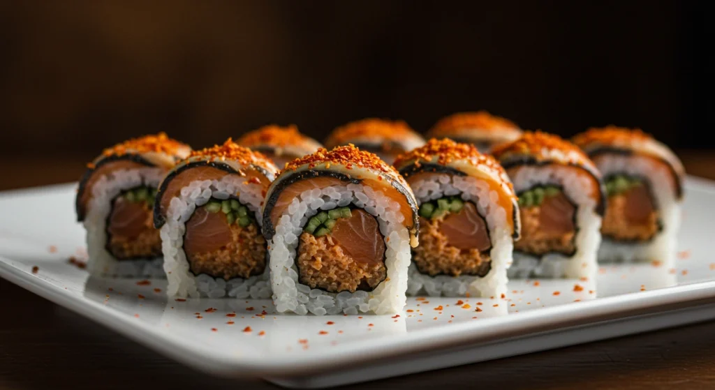 Smoky sushi rolls filled with smoked salmon, seasoned with togarashi spice, and topped with sesame seeds for a flavorful and spicy twist