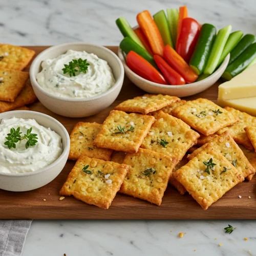 Golden sourdough cheese crackers on a modern wooden board