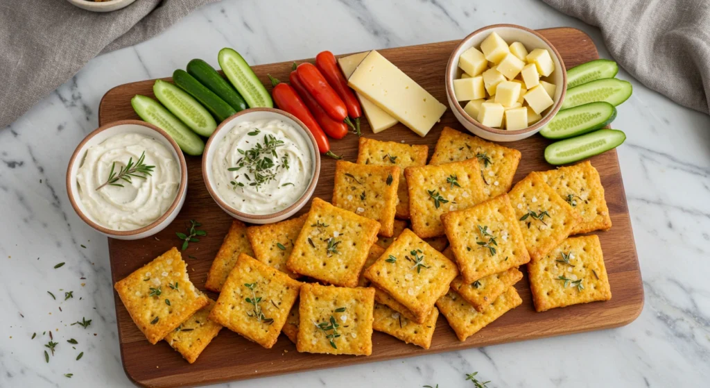 Golden sourdough cheese crackers on a modern wooden board, sprinkled with salt and herbs, served with dips and cheese
