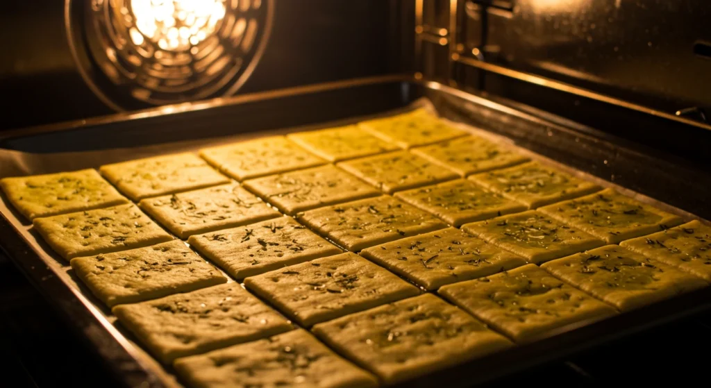 Sourdough cheese crackers baking in the oven, turning golden and crispy