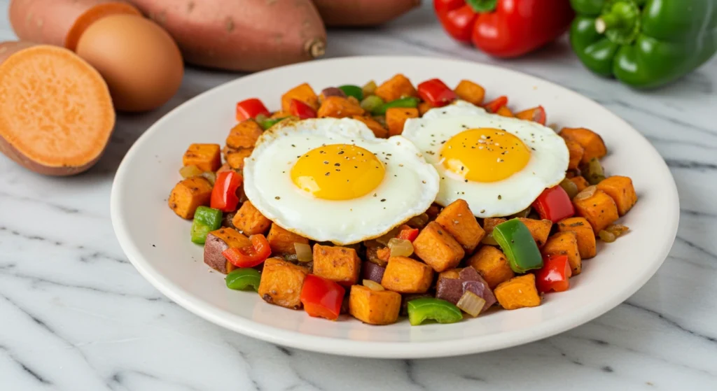 Sweet potato hash with bell peppers, onions, and eggs served on a white plate on a marble countertop, surrounded by fresh ingredients