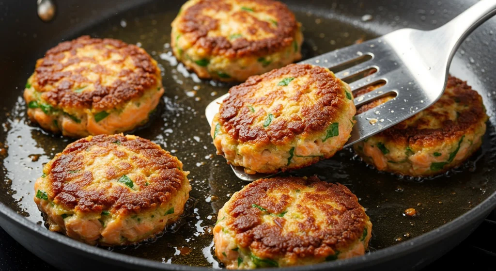 Golden-brown salmon cakes sizzling in a skillet with olive oil, one being flipped with a spatula
