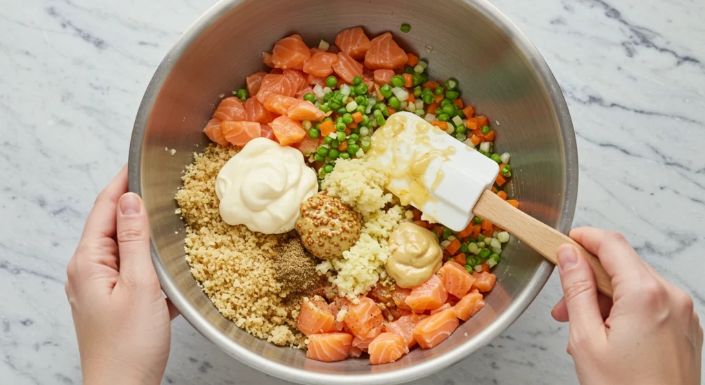 Large mixing bowl filled with chopped fresh salmon, sautéed vegetables, mayonnaise, breadcrumbs, and spices being combined with a spatula