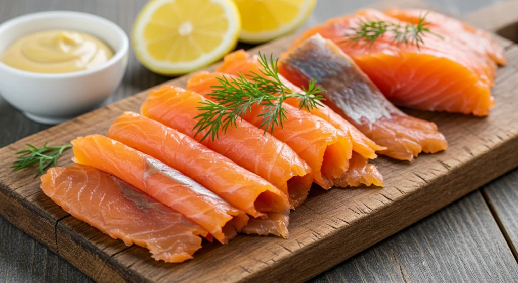 Thinly sliced gravlax on a rustic wooden board, garnished with fresh dill, lemon wedges, and a small bowl of mustard sauce, showcasing a Scandinavian-inspired dish
