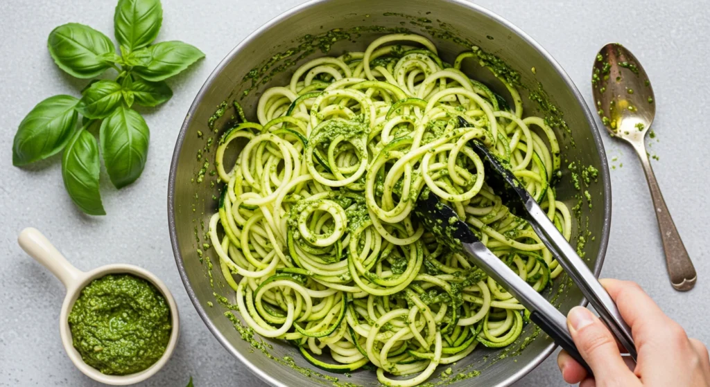 Zucchini noodles being tossed in dairy-free pesto using tongs, surrounded by fresh basil and a spoon of pesto