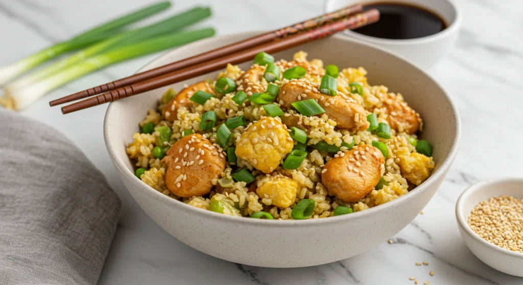 Close-up of Cauliflower Fried Rice with Chicken in a white bowl, surrounded by fresh cauliflower, coconut aminos, and garlic.