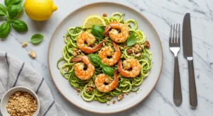 Plated zucchini noodles with pesto and grilled shrimp, garnished with basil and nuts