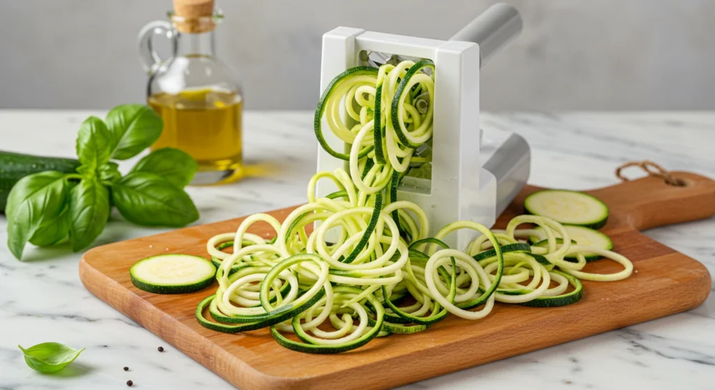 Zucchinis being spiralized into noodles on a cutting board, with a spiralizer and fresh ingredients nearby