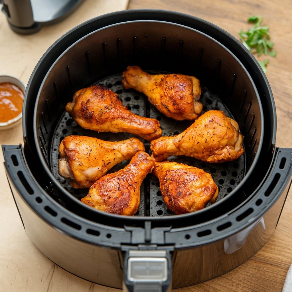 Chicken legs partially cooked inside an air fryer basket, showing a golden-brown crust developing as they crisp up during cooking